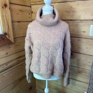 Vintage Pale Peachy Pink Cable Knit Turtleneck‎ Sweater Womens Large Angora Wool